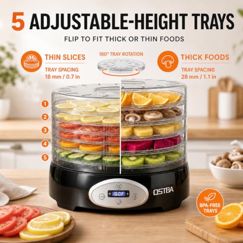 OSTBA Food Dehydrator, 5 BPA-Free Trays, Adjustable Temp, 48H Timer, 420W - Image 5