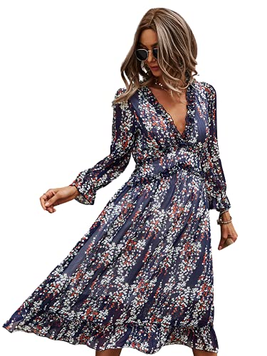 MOPOOGOSS Womens Junior Casual Summer Spring Ruffle Elegant Floral Long Sleeve Sexy V Neck Cute Chiffon Boho Beach Tunic Swing A Line Flowy Long Beach Casual Dresses for Women Navy M