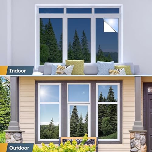 Image of WISDOM Window Privacy,One Way Mirror Daytime Anti UV Sun Blocking Heat Control Reflective Film Decorative Static Cling Home Office Living Room (20in x 7Feet, Silver Blue)
