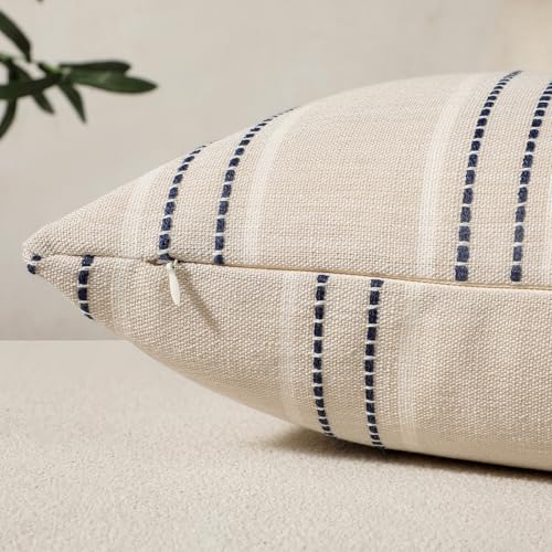 Hckot Throw Pillow Covers 20x20 Set of 2 Striped Pillow Covers Textured Linen Decorative Pillows Square Cushion Covers for Sofa Couch Bed Living Room Farmhouse Decor, Navy