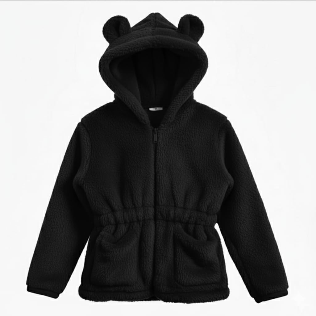 Kids Fleece Hoodie Jacket with Bear Ears,Soft Plush Material, Zip-Up Front, Elastic Waist Design for Baby Boys Girls (in, Age, 1 Year, 2 Years, Regular, Black)