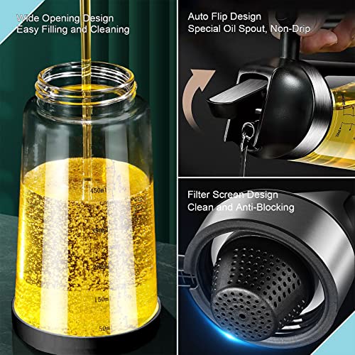 Miao'er Oil Dispenser Bottle For Kitchen, High Borosilicate Glass Cooking Oil Dispenser With Filter Screen, Auto Flip Cap, Non-Drip Spout, Wide Opening For Easy Filling And Clean, 19Oz Black #TOP2