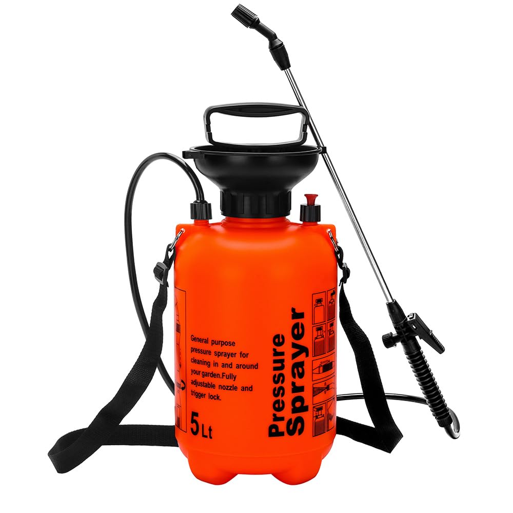 NewBeeclassic Pulverizador de jardín de 1.3 galones/5 litros, botella de agua a presión con correa ajustable para el hombro, pulverizador de presión para malas hierbas, cuidado del césped y pesticidas