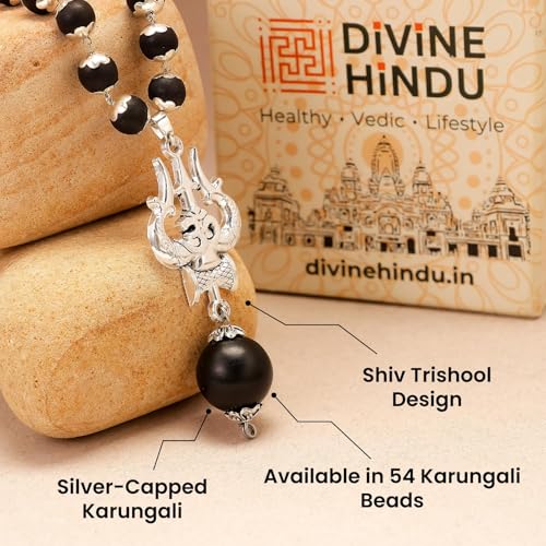 Image of DIVINE HINDU OM Shiva Trishool Karungali Mala, 54 Beads | Government Lab-Certified Black Ebony Wood Spiritual Necklace for Men & Women | Verify at divinehindu.in /Verify