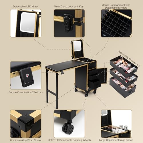 Image of Portable Manicure Table with 3 Drawers, Rolling Foldable Nail Desk with Detachable Mirror, Professional Makeup Train Case with Wheels and TSA Lock for Nail Techs & Salon Use