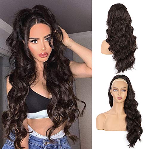 Earfodo Wavy Ponytail Extension for Women Long Drawstring Synthetic Ponytails 24 Inch Dark Brown Heat Resistant Hairpieces for Daily Use (4#)