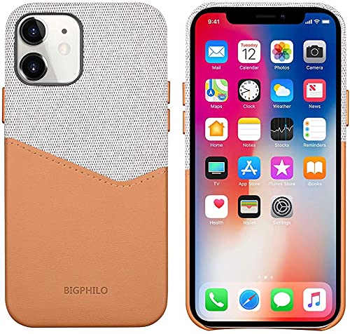 Bigphilo iPhone 12 Mini Case with Card Holder, Mix Series Slim Cover iPhone 12 Mini Wallet Style, Soft-Touch Fabric with Vegan Leather Case for iPhone 12 Mini (5.4-inch) - Gray/Brown
