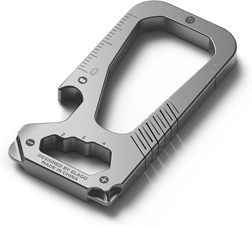 elago Llavero mosquetón EDC de titanio multiherramienta con destornillador, cabeza plana, llave hexagonal, regla, abrebotellas, multifuncional,