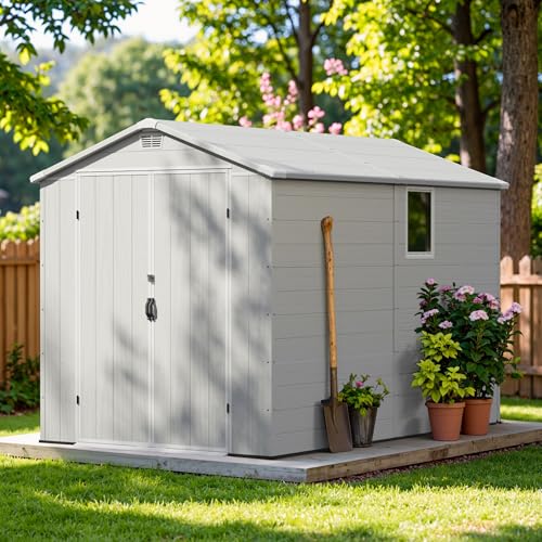 Image of Greesum 6x10FT Plastic Outdoor Storage Shed with Floor, Resin Storaged Sheds with Lockable Double Door, Windows & Vents, All-Weather Tool Sheds for Garden, Patio, Backyard, Light Gray
