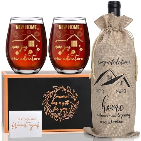 yuboo House Warming Gifts New House Gift Ideas, Housewarming Gifts for New House, House Warming Gifts New Home Couple, Stemless Wine Glass & Wine Bag for Couple Newlywed Men Women Friends Cover