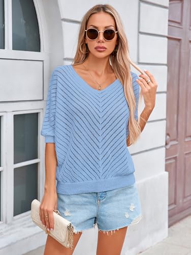 Image of Libsorge Womens Sexy V Neck 3 /4 Sleeve Sweater Spring 2025 Trendy Dressy Casual Outfits Lightweight Crochet Knit Pullover Top