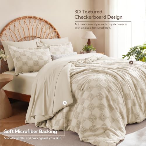 Image of MR&HM King Size Comforter Set 7 Pieces, Checkered Boho Tufted Bed Set Beige | Farmhouse Vintage Bed with Plaid Geometric Design, All-Season Bed in A Bag Comforter with Sheets, Pillow Shams & Pillowcases