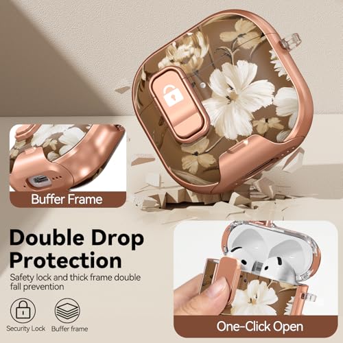 Image of for AirPod 4 Case, with Safty Lock & Phone Stand for Floral AirPod 4 Generation Case Cover for Women Girly, iPod 4 Cases with Keychain & Cleaner Kit -Brown +White Flower