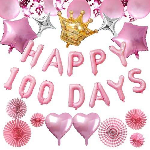 Image of Chris.W 35 Pcs 100 Days Baby Decorations with Happy 100 Days Balloons Banner Large Crown Heart Star Foil Balloon Pink Latex Balloons Hanging Paper Fans for Girl 100-Day Birthday Party Decorations