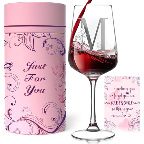 Personalized Wine Glasses with A-Z Custom Initials, Monogram Birthday Wine Gifts for Women, Mom, Wife, Sister, Friend – Elegant Custom Drinking Glass Comes with Gift Box and Greeting Card (M)