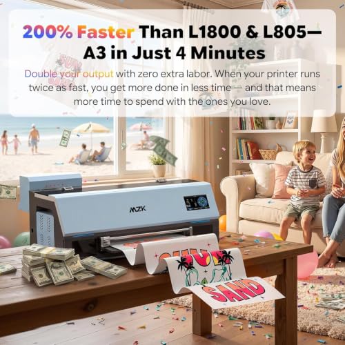 Image of MZK A3 Pro F1080 DTF Printer(XP600 Gen2),Automatic Time Cleaning Maintain printhead+Ink Anti-Clog Design,2X Faster,13+ inch DTF Film,5 inch LED Touch Screen,Dual Ink Level Alert,Film Cutter,2 Years Gift Ink