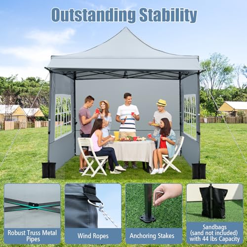 Image of Tangkula 10x10 FT Pop Up Canopy, Outdoor Tent with 3 Sidewalls & Awning, Wheeled Bag, 4 Sandbags, 8 Stake, 4 Ropes, Portable Canopy Tent for Party Picnic Event Beach Camping (Gray)