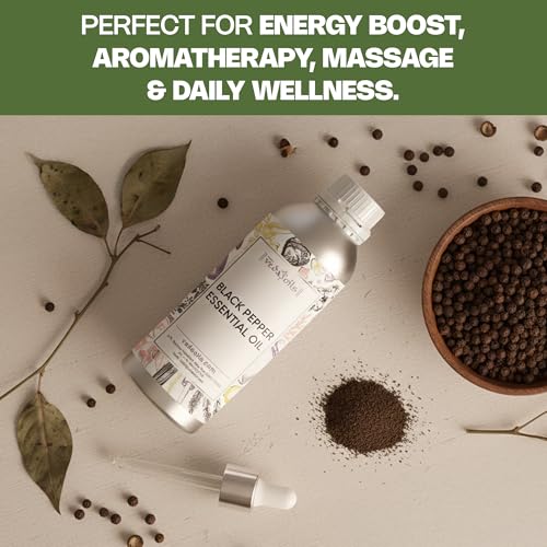 Image of VedaOils Black Pepper Essential Oil 100ml | 100% Pure Black Pepper Oil for Aromatherapy, Massage & Pain Relief | Therapeutic Grade Warm, Spicy Oil for Diffusers & Wellness
