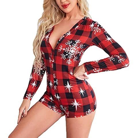 WPNAKS Women Christmas Romper Pajamas Shorts One Piece Bodycon Jumpsuit Sexy Long Sleeve Printed Pjs Outfit Playsuit (A Red Plaid, L) Cover