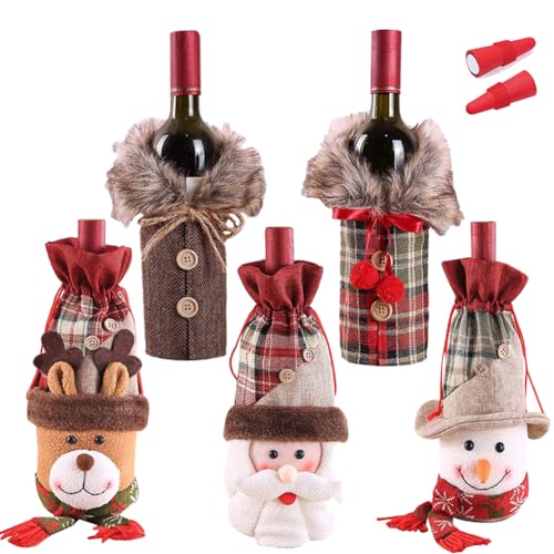 Wine Accessory Set of 7 for Holiday Christmas Gift Wine Bottle beer bottle Decor: Checkers/herringbone Bags with Faux Fur Collar Santa Clause, Snowman Reindeer Drawstring Bottle Stoppers Silicone