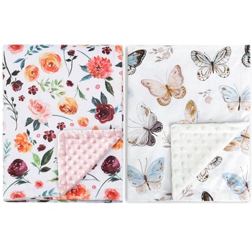 Image of BORITAR 2 Pack Baby Blanket for Girls Super Soft Double Layer Minky with Dotted Backing, Receiving Blanket with Elegant Floral Multicolor Printed Blanket 30 x 40 Inch(75x100cm)