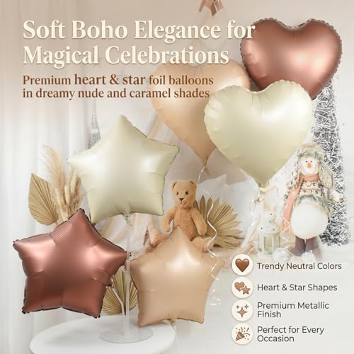 Image of Atpata Funky Boho Theme Foil Balloons - White Sand, Nude Cream, Tan Brown Caramel Shades - Stars and Hearts Shape - for Weddings, Birthdays, Baby Showers, and Party Decorations (6pcs, Heart & Star)