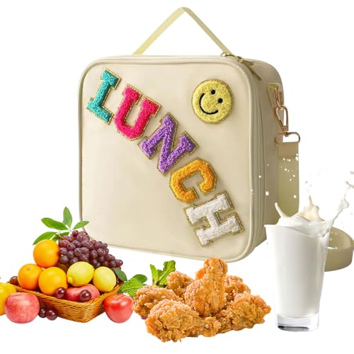 Mineup Insulated Lunch Bag with Adjustable Shoulder Strap, Nylon Preppy Lunch Box with Smiley, Reusable Lunch Tote Bag, Girls Boys Lunch Bag, Preppy Lunch Bag for Girls School Travel Picnic (Beige）