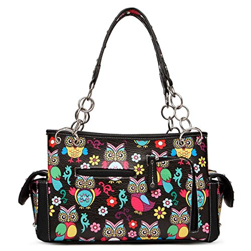 Colorful Owl Western Summer Fashion Purse Concealed Carry Handbags Women Country Shoulder Bag Wallet Set (Black Set)4