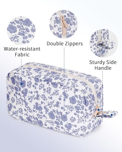 Image of Narwey Cute Makeup Bag Small Toiletry Bag Travel Cosmetic Bag Organizer Make Up Bags with Organized Pockets for Women (Little Grayish Blue Flower, Large)