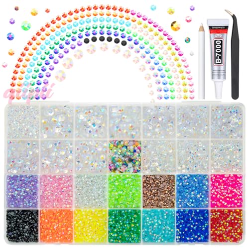 qiipii Transparent AB Resin Rhinestones w B7000 Glue for Crafting Bedazzling 2mm-6mm Flatback Colorful Jelly Stones Diamonds Gems Bedazzler Kit for Nails Face Eyes Makeup Tumblers Bottles Shoes Crafts