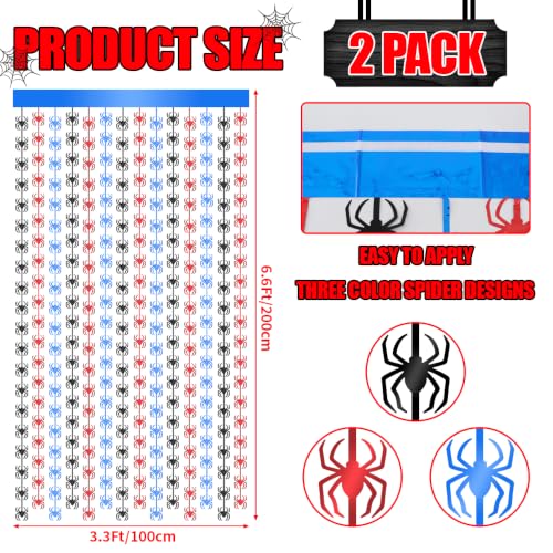 Image of TONIFUL 2Pcs Black Red Blue Spider Cutouts Metallic Foil Fringe Curtains | 3.3ftx6.6ft Photo Booth Backdrop Door Tinsel Streamers, Props for Spider Themed Birthday Halloween Baby Shower Decorations
