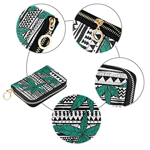 Seamless Green Leafs Tribal Texture Credit Card Coin wallet, RFID Blocking Compact Women Leather Card Holder, Key Change Organizer, Zipper Purse Clutch Pouch Pocket3