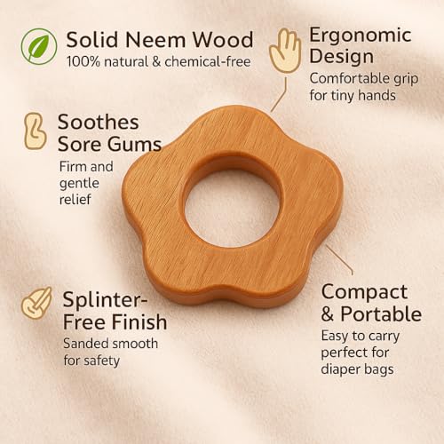 Image of Shark Doo Doo Neem Wood Baby Teether (Flower) | Organic & Handcrafted | Chemical-Free, Paint-Free, Antibacterial Teething Toy for Babies