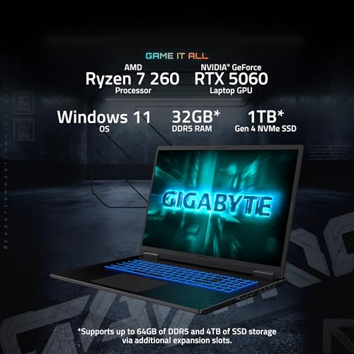 Image of GIGABYTE Gaming A18 Gaming Laptop - 165Hz 2560x1600 WQXGA - NVIDIA GeForce RTX 5060 - AMD Ryzen 7 260-1TB SSD with 32GB DDR5 RAM - Windows 11 Home - Black Steel