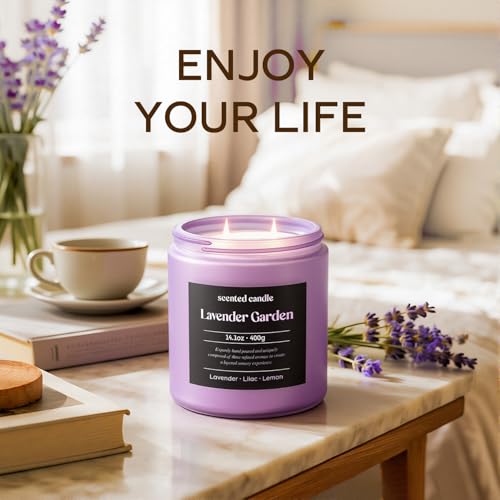 Image of CHILLFLAME Lavender Candle, 14.1 oz Scented Candles for Home, 2 Wicks Blended Scents Aromatherapy Candles for Women and Men, Birthday Gifts for Women (Lavender+Lilac+Lemon)