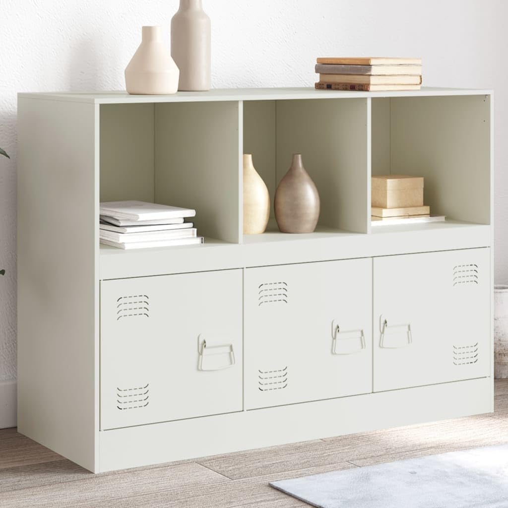 Aparador blanco 99 x 39 x 73 cm, acero laminado en frío, 3 puertas, espacio de almacenamiento para sala de estar, pasillo, comedor, oficina