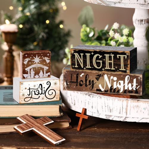 Moucuny MOUCUNY-IBL-70 4 Pcs Christmas Nativity Tabletop Decor Nativity Scene Wooden Block Silent Holy Night Sign Christmas Tiered Tray Decor Centerpieces Farmhouse Table Decor thumb #6