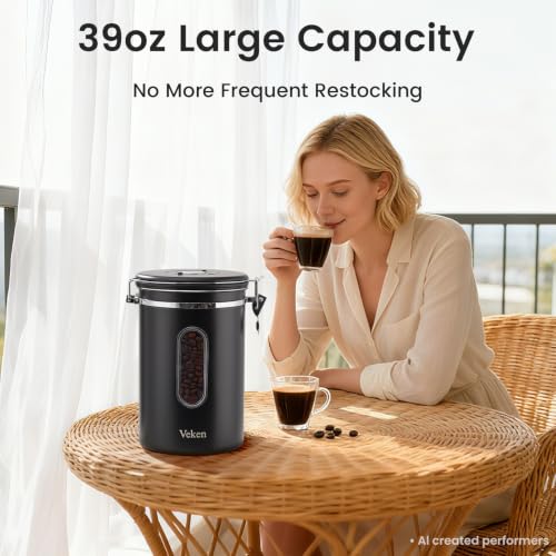 Image of Veken Coffee Canister with Window, 39OZ Large Airtight Stainless Steel Jars | Kitchen Food Storage Pantry Container for 2.2lbs Beans,Ground,Espresso,Rice,Tea,Sugar,Bar Accessories,Gifts,Lids, Scoop,Black