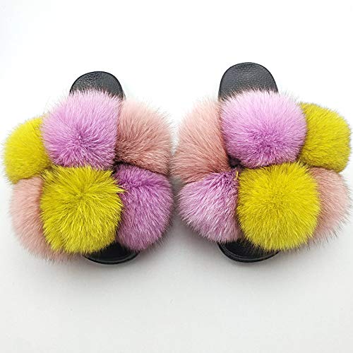 LVCOMEFF Women Real Fox Fur Sandals Fur Pom Poms Slides Slippers Summer Fluffy Outdoor Ball Plus Size4