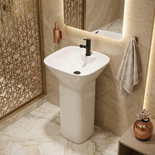 Image of InArt One Piece Ceramic Pedestal Free Standing SquareWash Basin for Living Room and Bathroom (17 x 17 x 32 Inch, White)
