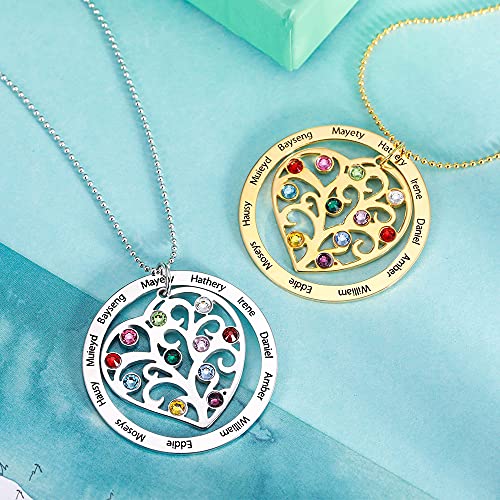 Custom Family Tree Mom Necklace 925 Sterling Silver/Stainless Steel Heart Round Personalized 1-11 Name Birthstone Pendant Necklace Tree of Life Grandma Grandmother Mother Day Jewelry Gifts For Women2