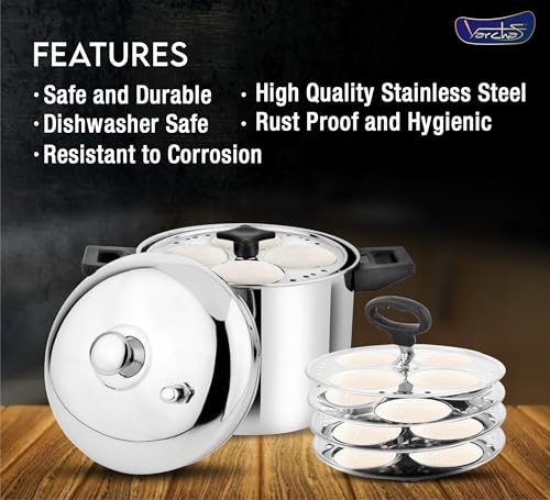 Image of VARCHAS Stainless Steel Idli Cooker with 4 Plates and Lid | 16 Idlis | Idly Maker | Silver | Steamer | Compatible with Gas and Induction