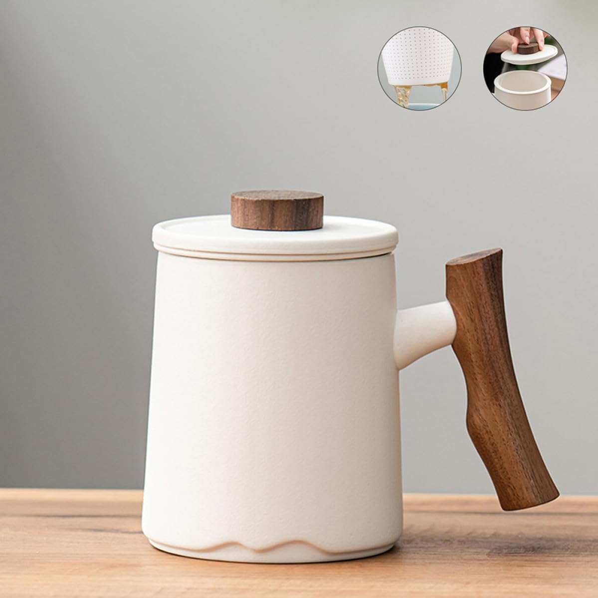SOLUSTRE Taza de Cerámica Diseño Elegante y Minimalista y Mango de Madera de 360ml con Filtro para Infusiones para Diversas Ocasiones