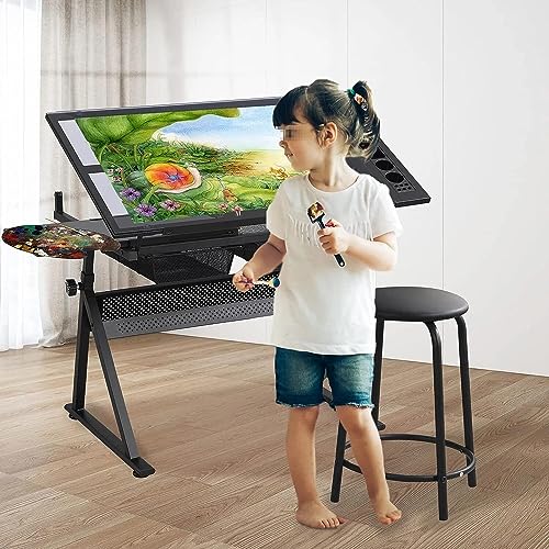 Height and Angle Adjustable Drawing Table Drawing Desk Craft Station Drafting Table with 2 Storage Drawers and One Side