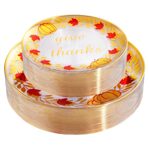 Rubtlamp 60 Pcs Thanksgiving Plastic Plates, Clear Gold Disposable Plates, Red Gold Thanksgiving Party Plates Includes 30 Pcs 10.25” Gold Dinner Platos, 30 Pcs 7.5”Clear Dessert Platos for Autumn Rubtlamp 60 Pcs Thanksgiving Plastic Plates, Clear Gold Disposable Plates, Red Gold Thanksgiving Party Plates Includes 30 Pcs 10.25” Gold Dinner Platos, 30 Pcs 7.5”Clear Dessert Platos for Autumn