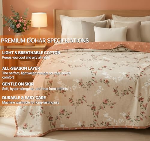 Image of BSB HOME 280 GSM Reversible Dohar for Double Bed, Ultra Soft AC Blanket, Lightweight All Season Summer Quilt, Breathable Blanket, Skin Friendly Dohar, 85 x 88 Inches (216 x 224 cm) - Sage Floral
