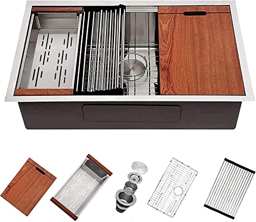Review Product Undermount Workstation Kitchen Sink - Mocoloo 32"x19" Inch 16 Gauge Stainless Steel Kitchen Sink with 10" Single Bowl, with the all-in-one accessory set.