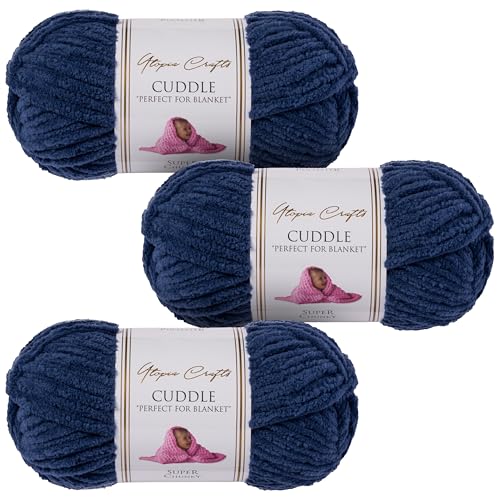 Utopia Crafts Cuddle Super Chunky Chenille Yarn Indigo, 100g 60m Ball, Fluffy, Soft & Easy to Use, Perfect for Crochet & Knitting, Machine Washable, Beginner-Friendly Wool Alternative - Pack of 3