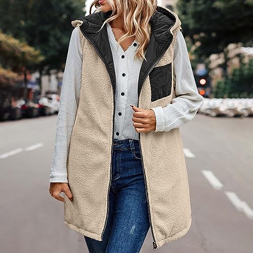 Women Winter Hooded Reversible Long Vest Sleeveless Fleece Lined Down Jacket Zip Up Long Puffer Vest Warm Windbreaker4