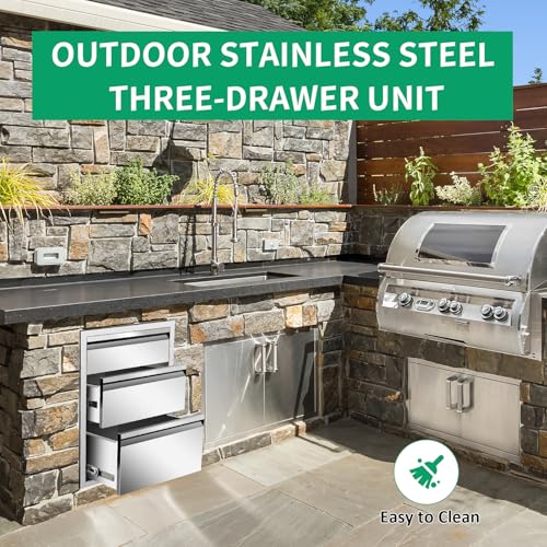Image of Outdoor Kitchen Drawers 20 inch W x 27 inch H x 23 inch D Stainless Steel Triple Drawers with Hidden Handle for BBQ Island, Patio Grill Station & Outdoor Kitchen Cabinets